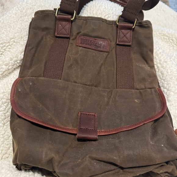 Duluth Trading Co Brown Waxed coated Canvas Backpack tote bag expandable Filson